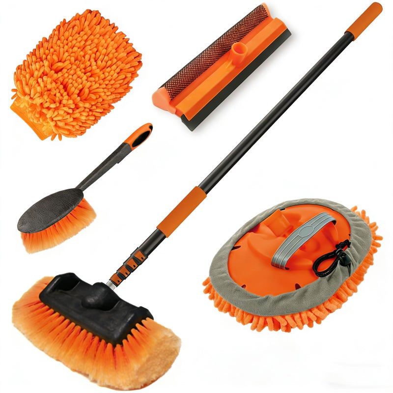LAANPOLE 12FT Car Wash Brush with Long Handle, Car Cleaning Kit with Soft Bristle Wash Brush, Microfiber Cleaning Mop, Window Squeegee, Mitt, Wheel Brush for RV, Truck, Boat, House Siding - Image 1