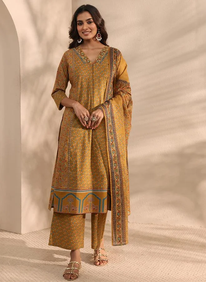Libas Mustard Printed Cotton A-Line Kurta, Palazzo And Dupatta Set