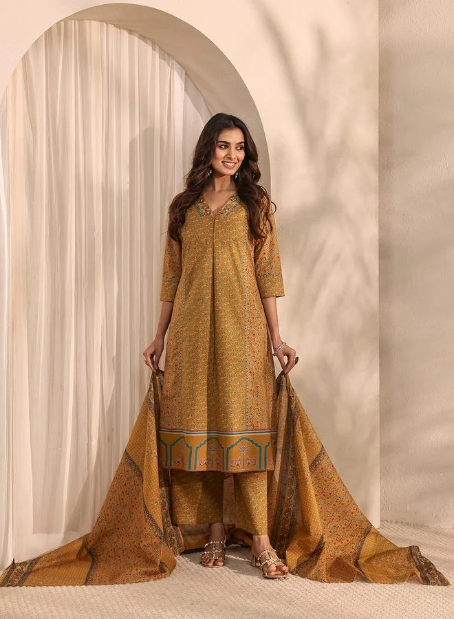 Libas Mustard Printed Cotton A-Line Kurta, Palazzo And Dupatta Set