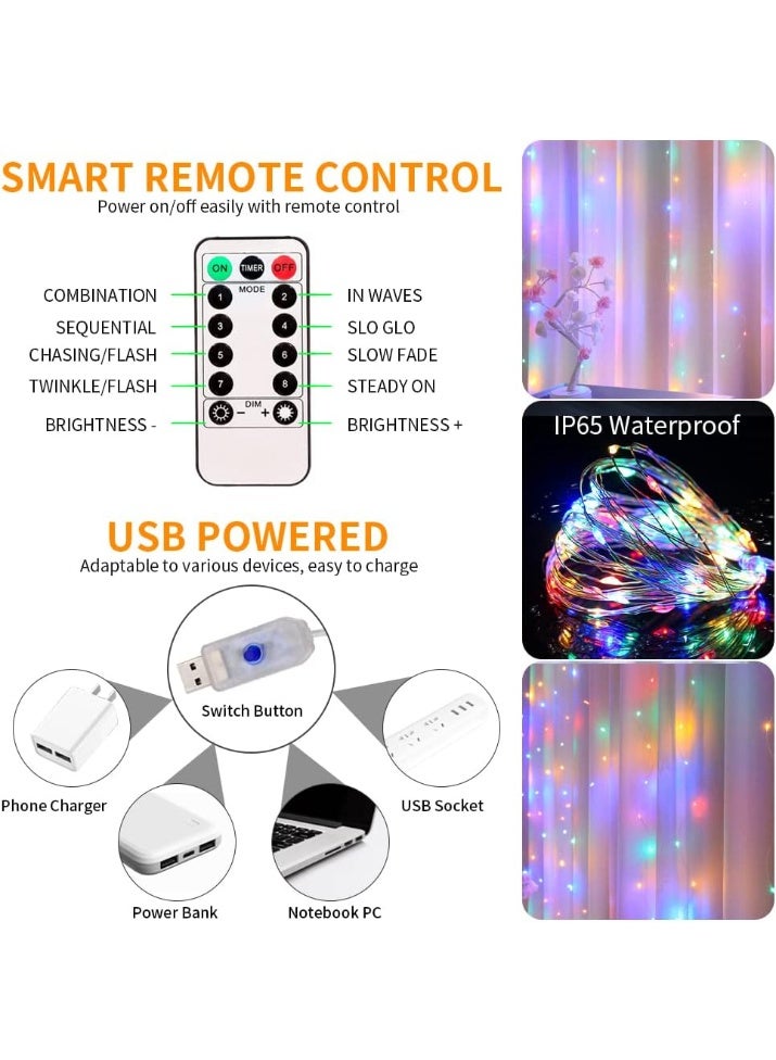 Soofam Curtain Decorative String Lights Twinkle 3m×2m 200 leds USB Powered 8 Adjustable Modes with Wireless Remote for Window Birthday Ramadan Indoor and Outdoor Party - (Multicolour) - Image 2