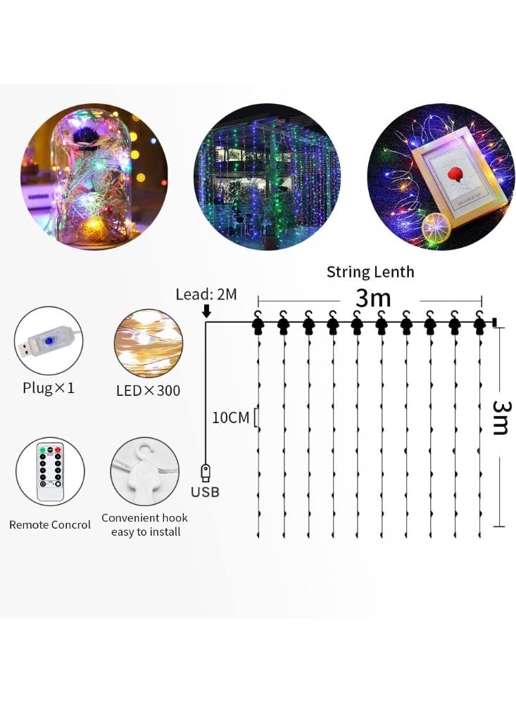 Soofam Curtain Decorative String Lights Twinkle 3m×2m 200 leds USB Powered 8 Adjustable Modes with Wireless Remote for Window Birthday Ramadan Indoor and Outdoor Party - (Multicolour) - Image 3