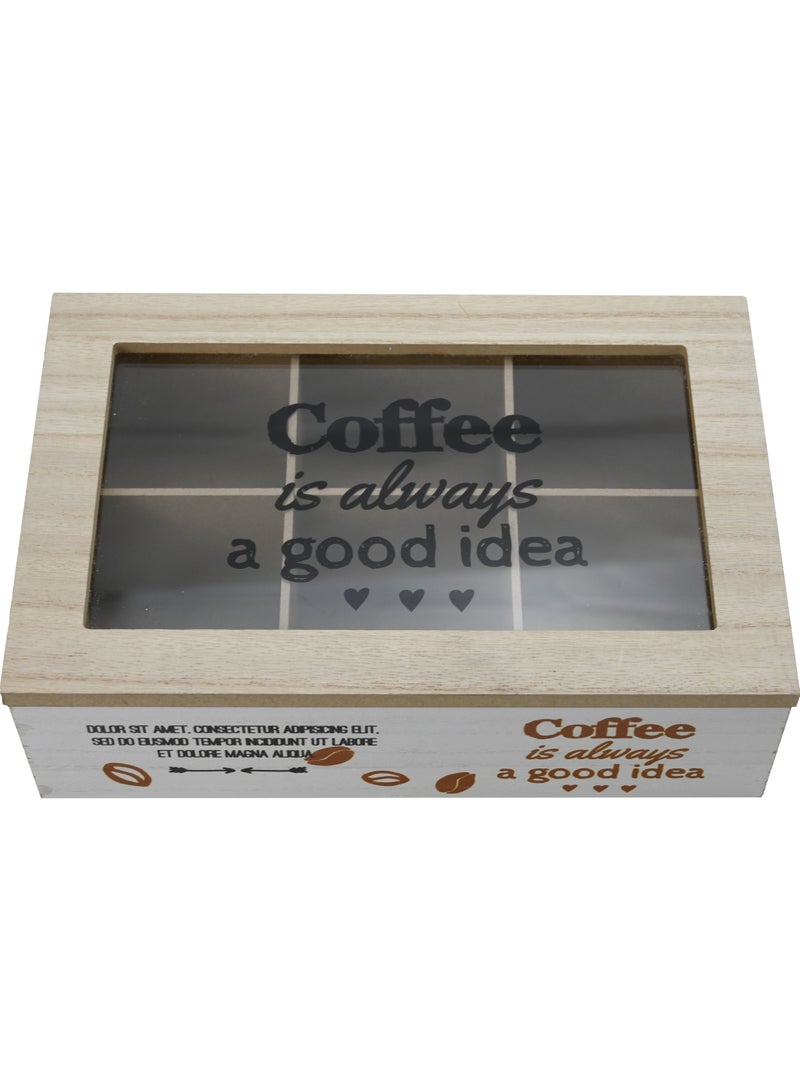 Wood Coffee Bag Organizer/ Storage Box Tea Storage/ Chest Case Wooden Tea Bag Sorter 6-Compartment Decorative Tea Bag Organizer/ Coffee Chest Holder With Transparent Hinged Lid  - Image 1