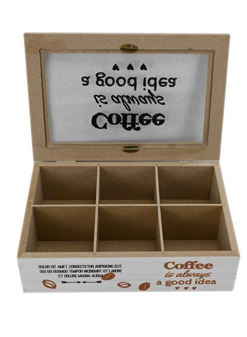 Wood Coffee Bag Organizer/ Storage Box Tea Storage/ Chest Case Wooden Tea Bag Sorter 6-Compartment Decorative Tea Bag Organizer/ Coffee Chest Holder With Transparent Hinged Lid  - Image 3