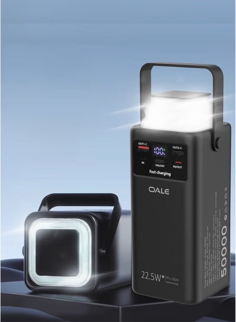 OALE بنك طاقة بسعة 50000 مللي أمبير مع شاشة LED ومصباح تخييم | شحن سريع PD بقوة 22.5 واط، 4 كابلات مدمجة | شاحن محمول عالمي لهواتف آيفون، سامسونج، شياومي، أوبو – أسود - Image 1