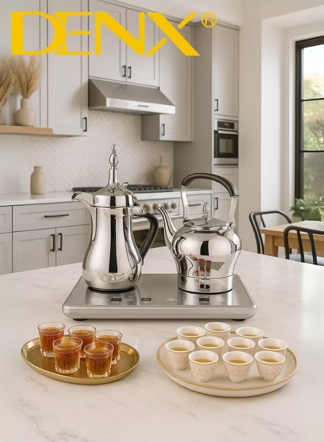 Denx DX3410 Saudi Coffee Dallah & Electric Tea Kettle Set – 1L Dallah, 1.2L Kettle, Stainless Steel, Dual Heating Base with Digital Control, Arabic Coffee & Tea Maker - Image 3