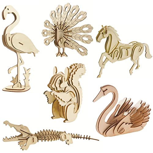 i-CHONY 3D Wooden Wild Animal Puzzle 6 Piece Set Wood Wild Animals Skeleton Assembly Model Kits Wooden Crafts DIY Brain Teaser Puzzle STEM 3D Puzzle Gifts for Adults Teens - Image 1