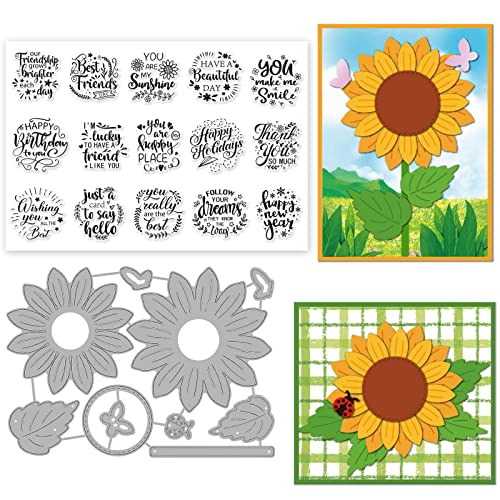 ORIGACH Sentiments Words Clear Stamp and Sunflower Cutting Dies Set for DIY Scrapbooking Album Decorative Card Making - Image 1
