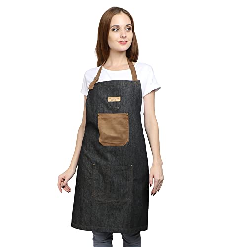 Palap Premium Denim Apron with Pockets for BBQ Grill, Cooking, Kitchen, Chef Coat. Apron for Men and Women - Unisex Adjustable Neck Strap Gardening Apron Coat - BLACK - Image 4
