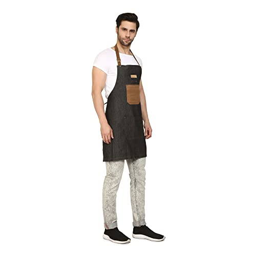 Palap Premium Denim Apron with Pockets for BBQ Grill, Cooking, Kitchen, Chef Coat. Apron for Men and Women - Unisex Adjustable Neck Strap Gardening Apron Coat - BLACK - Image 5