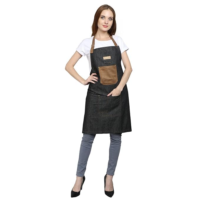 Palap Premium Denim Apron with Pockets for BBQ Grill, Cooking, Kitchen, Chef Coat. Apron for Men and Women - Unisex Adjustable Neck Strap Gardening Apron Coat - BLACK - Image 1