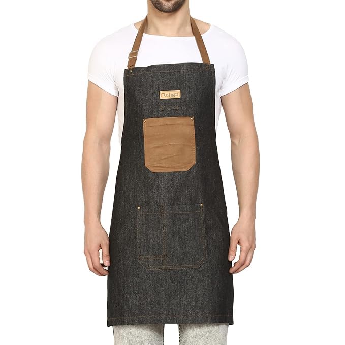 Palap Premium Denim Apron with Pockets for BBQ Grill, Cooking, Kitchen, Chef Coat. Apron for Men and Women - Unisex Adjustable Neck Strap Gardening Apron Coat - BLACK - Image 2