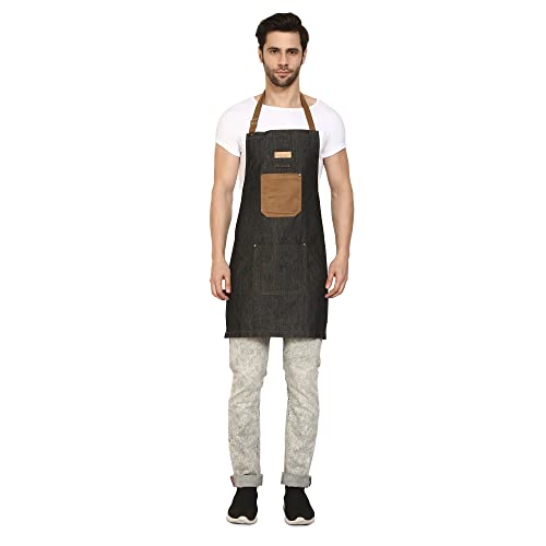 Palap Premium Denim Apron with Pockets for BBQ Grill, Cooking, Kitchen, Chef Coat. Apron for Men and Women - Unisex Adjustable Neck Strap Gardening Apron Coat - BLACK - Image 3