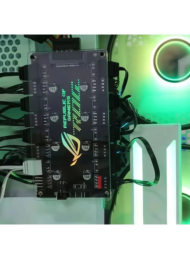 Black Dual 8 Port ARGB PWM Fan Hub with Magnetic Base and SATA Power - Image 4