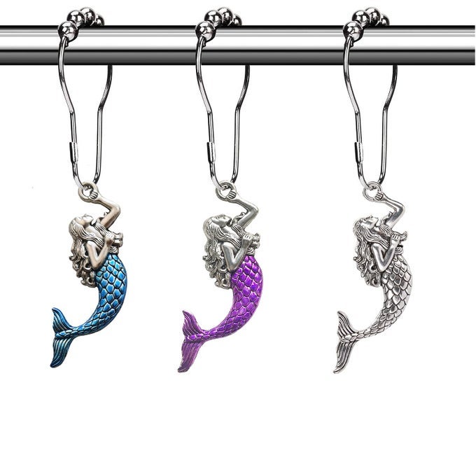 SEA MERMAID SHOWER CURTAIN HOOKS RINGS OCEAN SHOWER HOOKS FOR SHOWER CURTAIN SILVER METAL SHOWER HOOKS RUST PROOF DECORATIVE SHOWER CURTAIN SET ACCESSORY BEACH THEME BATHROOM DECOR 12PCS