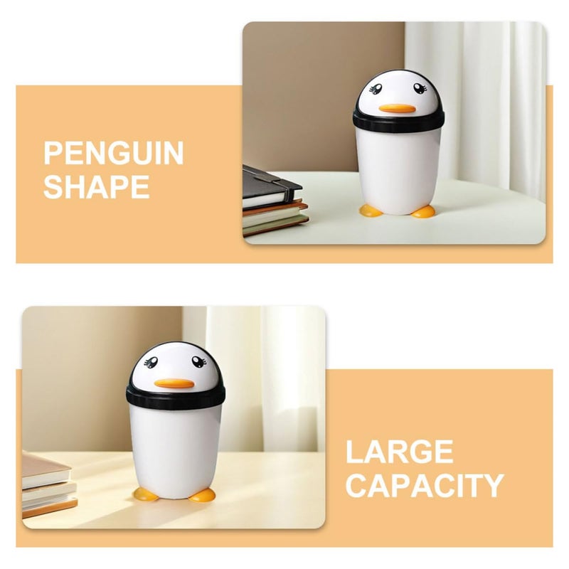 Penguin Swing Lid Trash Can 2Pcs Black White Mini Desktop Bin For Office Car - Image 4