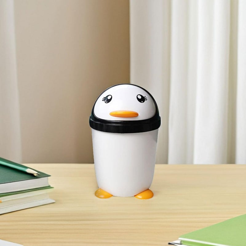 Penguin Swing Lid Trash Can 2Pcs Black White Mini Desktop Bin For Office Car - Image 5