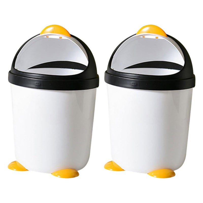 Penguin Swing Lid Trash Can 2Pcs Black White Mini Desktop Bin For Office Car - Image 1