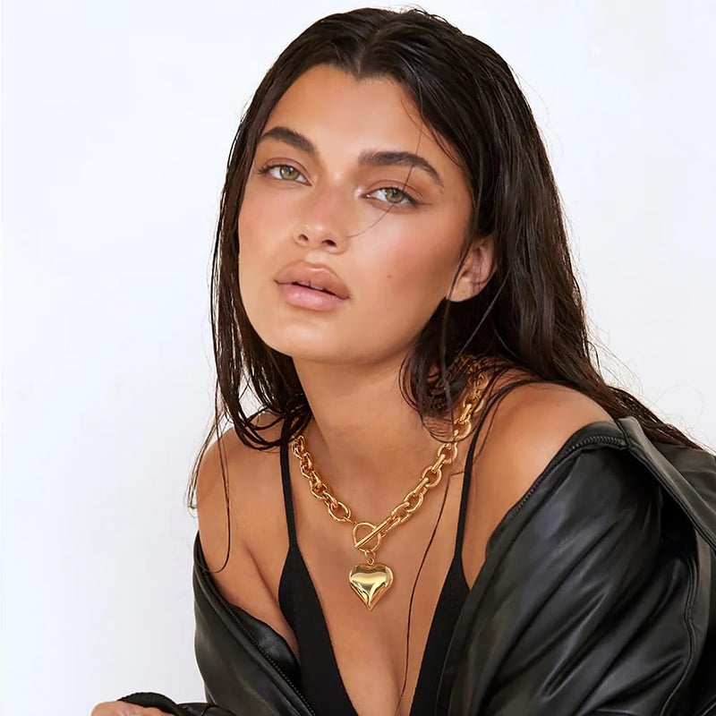 FAUTHENTICUTE Chunky Gold Heart Necklaces for Women Thick Chain Necklace With Toggle Clasp And Big Puffy Heart Pendant Gold Statement Necklaces - Image 2