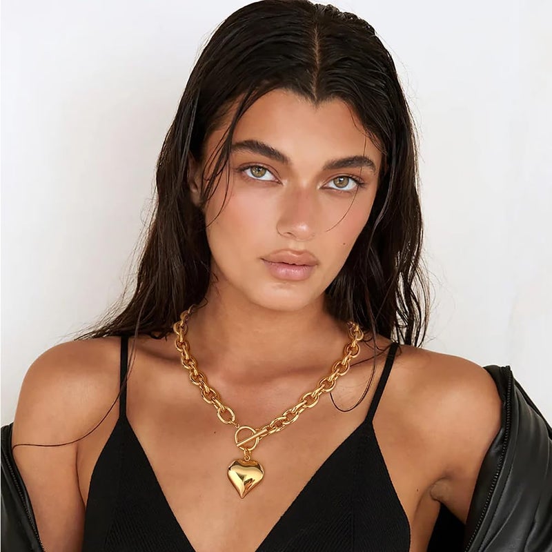 FAUTHENTICUTE Chunky Gold Heart Necklaces for Women Thick Chain Necklace With Toggle Clasp And Big Puffy Heart Pendant Gold Statement Necklaces - Image 3