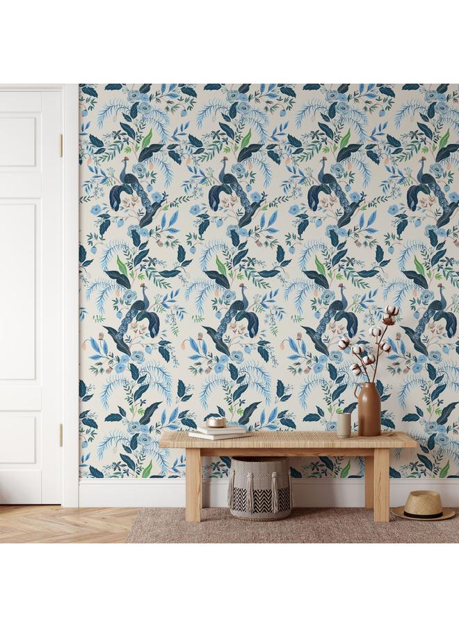 Bluejw Multi-element Flowers And Plants Peacock White Blue Self-adhesive Wallpaper Foreign Trade Hot-selling Wallpaper Removable Transformation Mural - Image 3