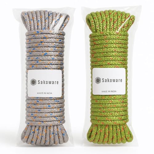 Sakoraware Cloth Line for Drying Clothes | Nylon Braided Cotton Rope 20 Mtr Pack of 2 Durable Strong and Flexible for Outdoor Indoor Use Perfect for Hanging Laundry and Wet Clothes - Image 1