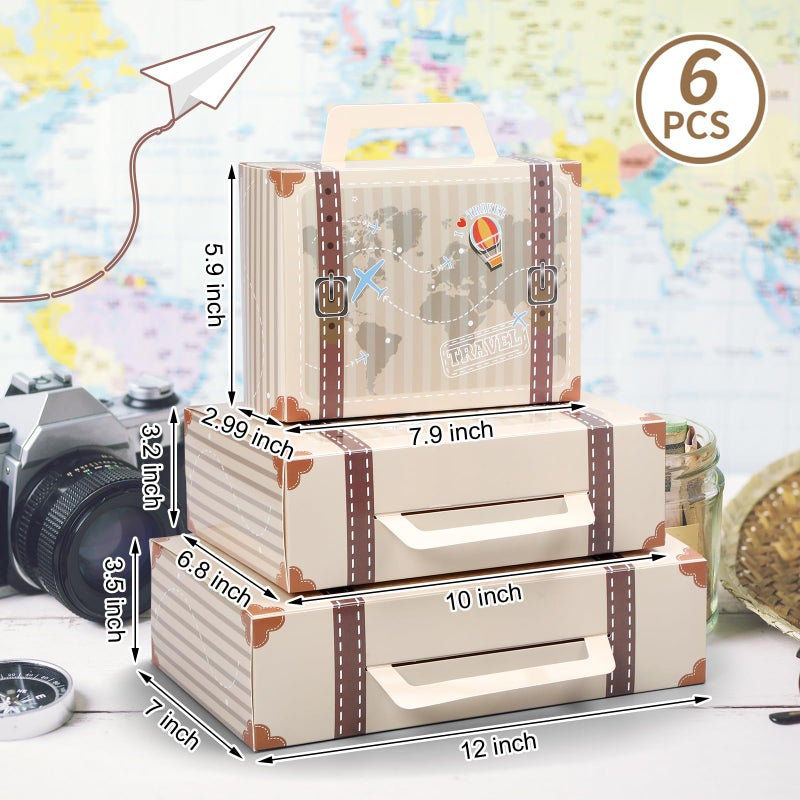Weekgrat 6 Pcs Large Vintage Travel Suitcase Box Travel Party Decorations Paperboard Suitcases Gift Box Decorative Set of 3 Small Stackable Storage Chests Decor for Themed Party Favors(Journey,Beige) - Image 2