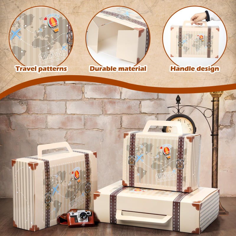 Weekgrat 6 Pcs Large Vintage Travel Suitcase Box Travel Party Decorations Paperboard Suitcases Gift Box Decorative Set of 3 Small Stackable Storage Chests Decor for Themed Party Favors(Journey,Beige) - Image 4