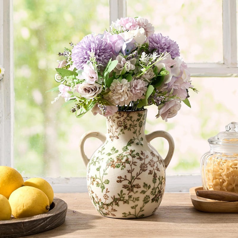 SIDUCAL Ceramic Green and Beige Retro Vase with Handles, 7 Inch Ice Cracked Vintage Pastoral Vase, Rustic Farmhouse Vases for Home Decor, Table, Living Room, Shelf Decor, Chinoiserie Decor - Image 3