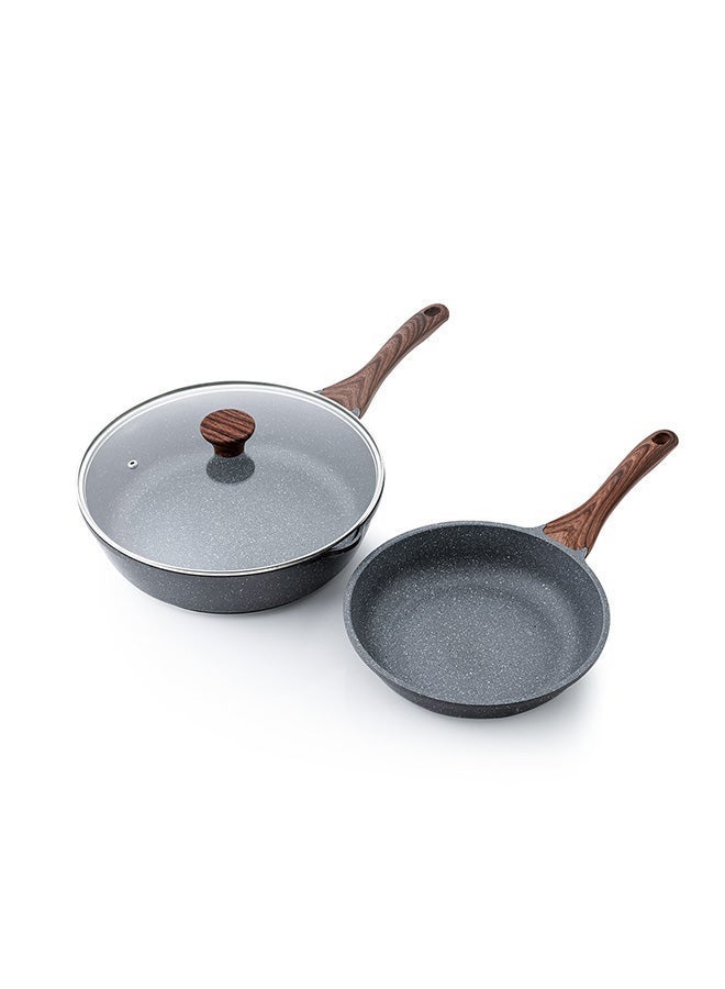 roaiss Swiss Granite Coating Non-Stick Frying Pan Skillets (20+26Cm With Lid) With Wooden Handle, Pfoa/Pfos/Apeo Free, Omelette Pans, Healthy Cookware Chef'S Pan, Pfoa Free, Dishwasher Safe,  Black - Image 1