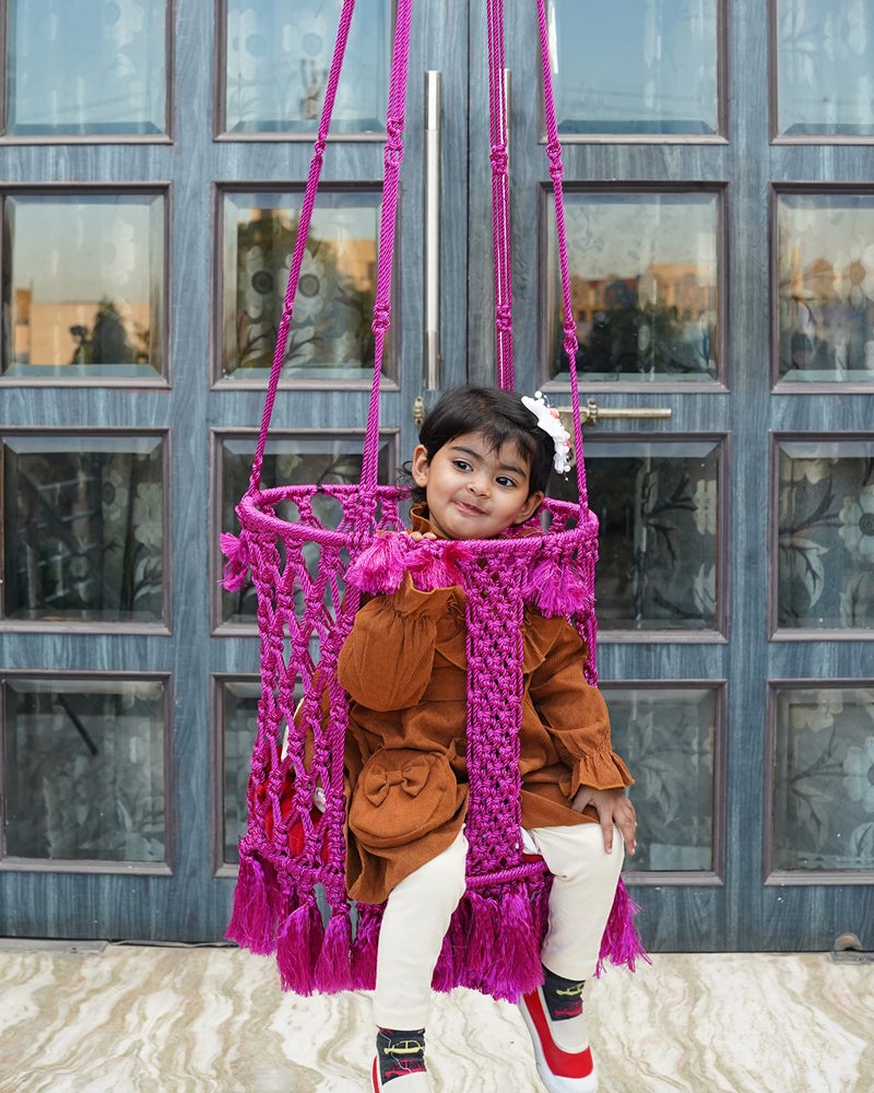Patiofy Baby Swing || Jhula for Kids || Swing for Kids for Home || Swing for Baby Kids || Suitable for 1 to 5 Years Babies & Kids || Premium Polyester Rope Swing with Cushion || Round Shape (Pink) - Image 1