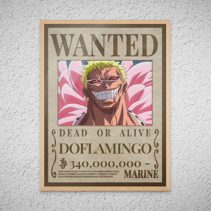 Art Decor Framed Fine Art One Piece Wanted Poster Wall Art Doflamingo Artwork Anime Portrait Print Wall Décor for Bedroom Boy Room Living Room Office Gaming Room 30x40cm - Image 1