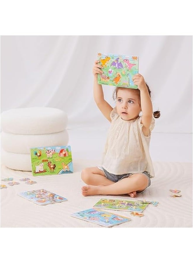 Wooden Toddler Puzzle Toy for 1 2 3 Years Old, 6 Pcs Montessori Learning Peg Puzzles for Kids - Fruit, Dino, Animal, Farm, Sea Creature and Transport Topic, Birthday for Girls Boys - Image 4