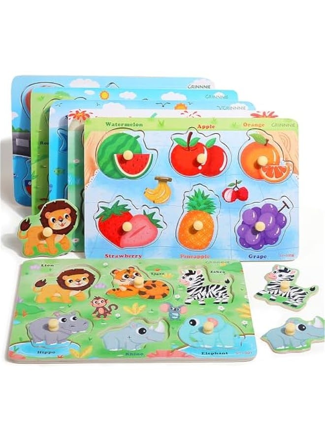 Wooden Toddler Puzzle Toy for 1 2 3 Years Old, 6 Pcs Montessori Learning Peg Puzzles for Kids - Fruit, Dino, Animal, Farm, Sea Creature and Transport Topic, Birthday for Girls Boys - Image 3