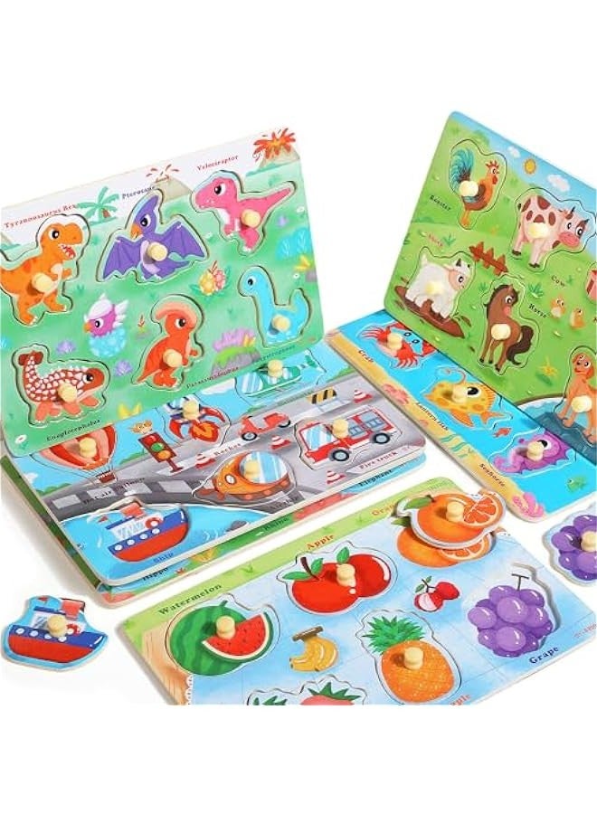 Wooden Toddler Puzzle Toy for 1 2 3 Years Old, 6 Pcs Montessori Learning Peg Puzzles for Kids - Fruit, Dino, Animal, Farm, Sea Creature and Transport Topic, Birthday for Girls Boys - Image 5