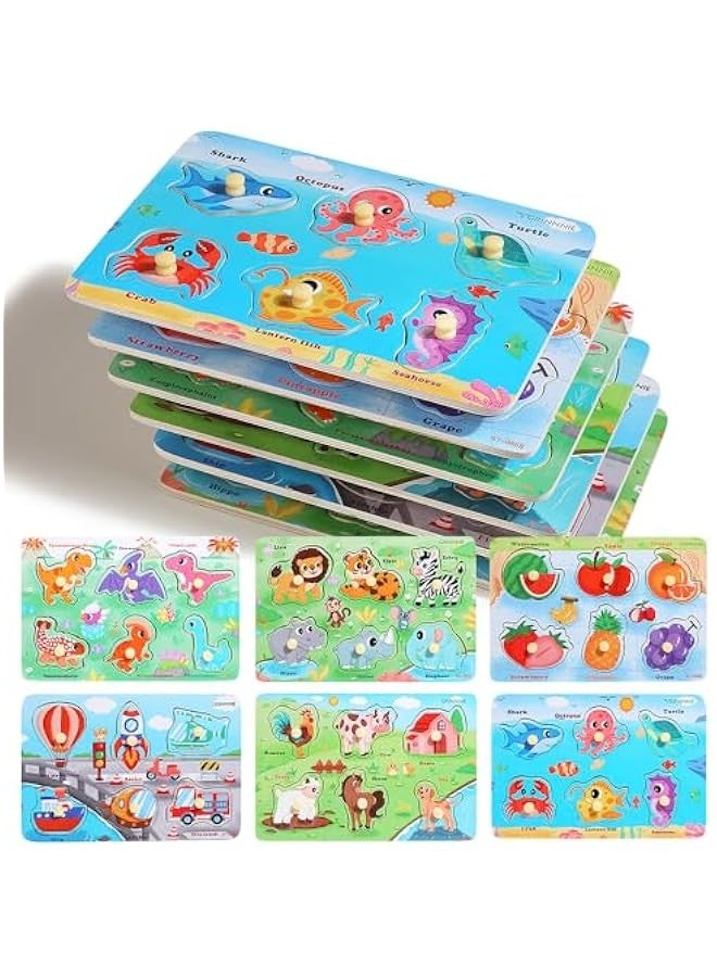 Wooden Toddler Puzzle Toy for 1 2 3 Years Old, 6 Pcs Montessori Learning Peg Puzzles for Kids - Fruit, Dino, Animal, Farm, Sea Creature and Transport Topic, Birthday for Girls Boys - Image 1
