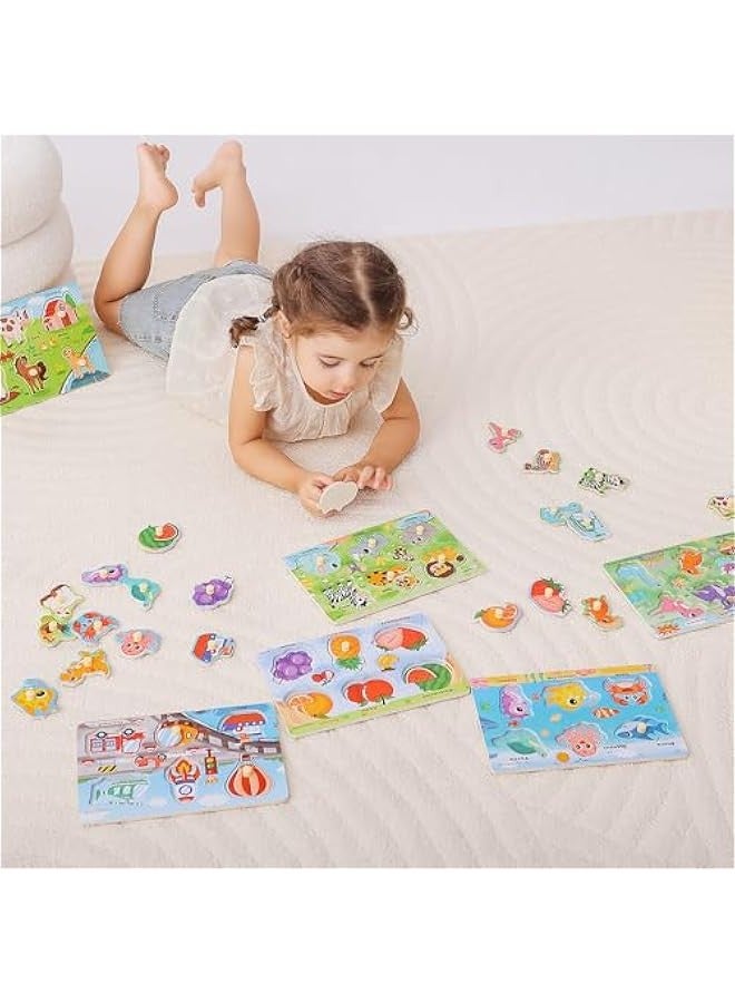Wooden Toddler Puzzle Toy for 1 2 3 Years Old, 6 Pcs Montessori Learning Peg Puzzles for Kids - Fruit, Dino, Animal, Farm, Sea Creature and Transport Topic, Birthday for Girls Boys - Image 2