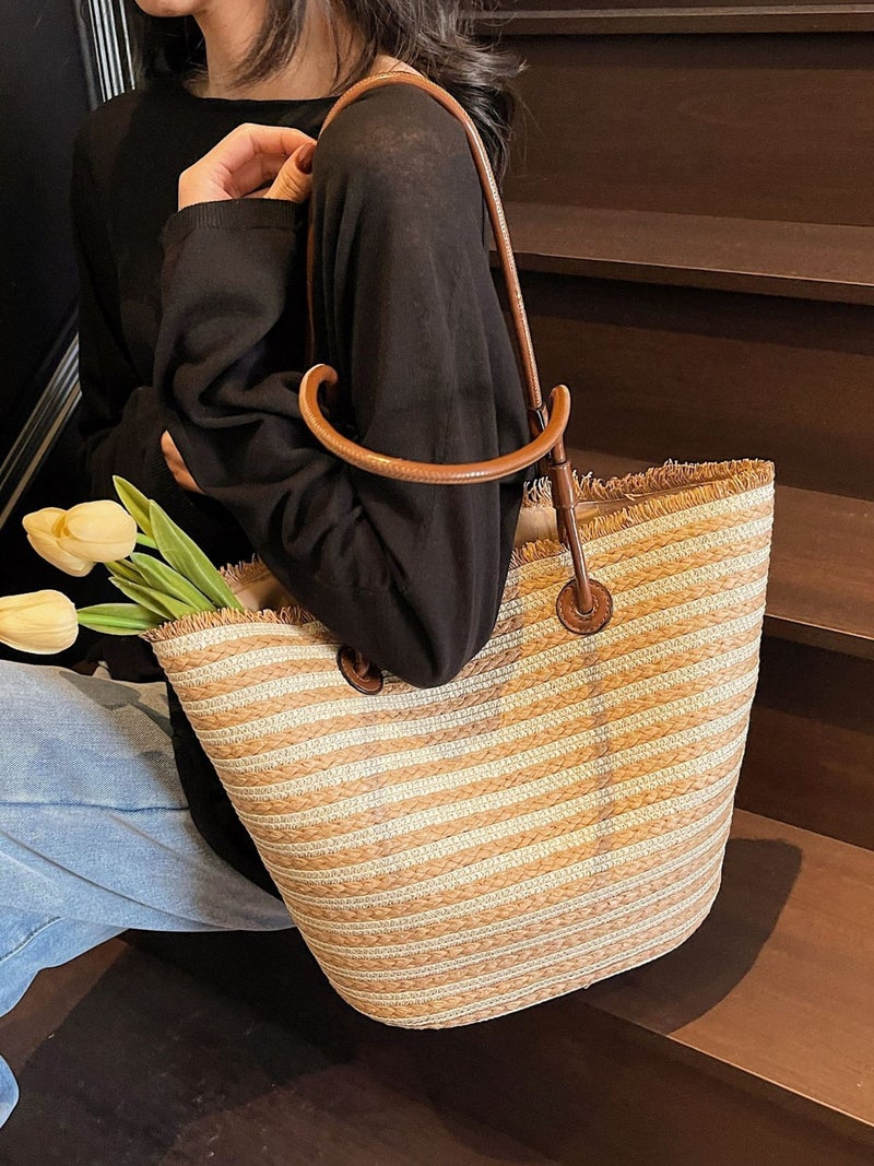 Large-Capacity Straw Tote Bag For Women Summer Texture Versatile Shoulder Bag Vacation Casual Beach Bag - Image 5