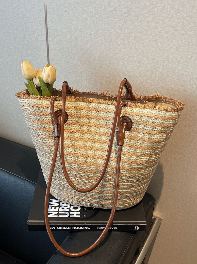 Large-Capacity Straw Tote Bag For Women Summer Texture Versatile Shoulder Bag Vacation Casual Beach Bag - Image 3