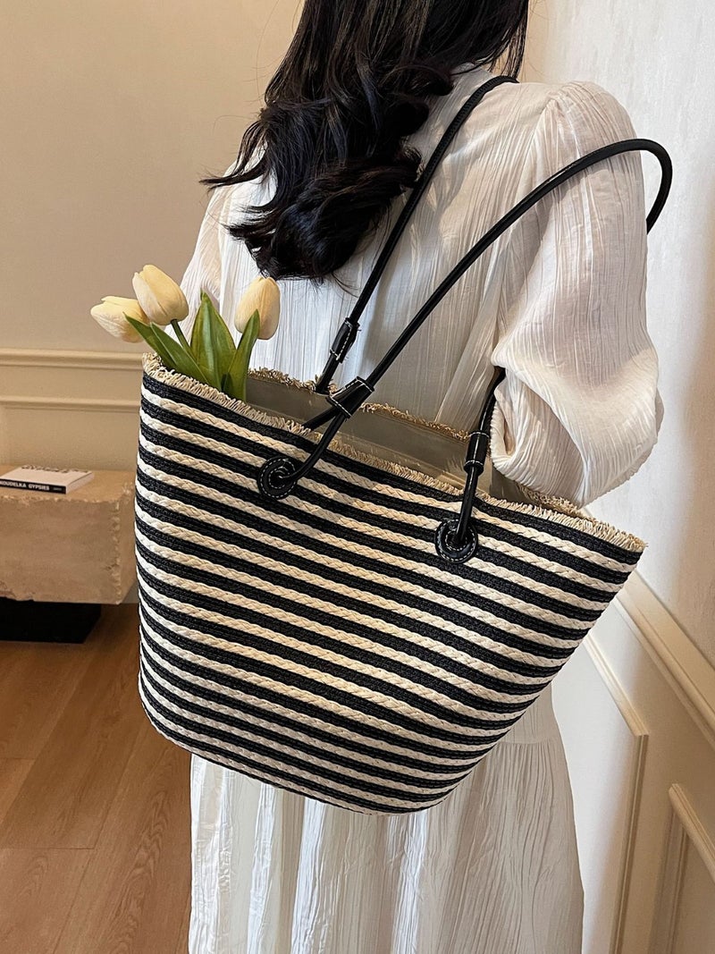 Large-Capacity Straw Tote Bag For Women Summer Texture Versatile Shoulder Bag Vacation Casual Beach Bag - Image 4