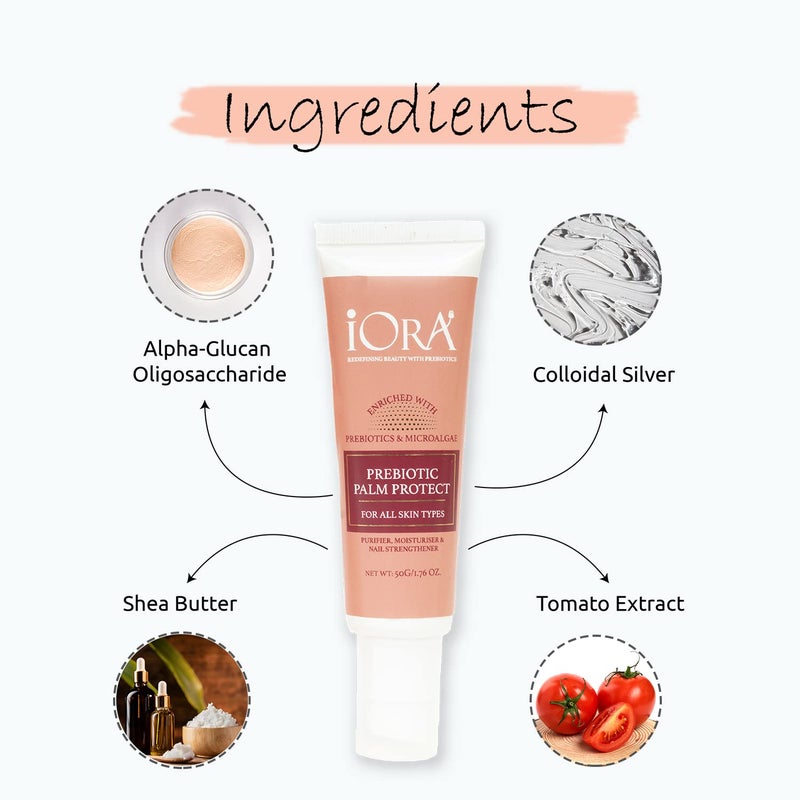 iORA Prebiotic Palm Protect Hand  Nail Balm  50gm  Repairs Dry Hands and Improve Nail Strength Enriched with Colloidal Silver Tomato Extract Aloe Vera Shea Butter AlphaGlucan Oligosaccharide For Men  Women - Image 3