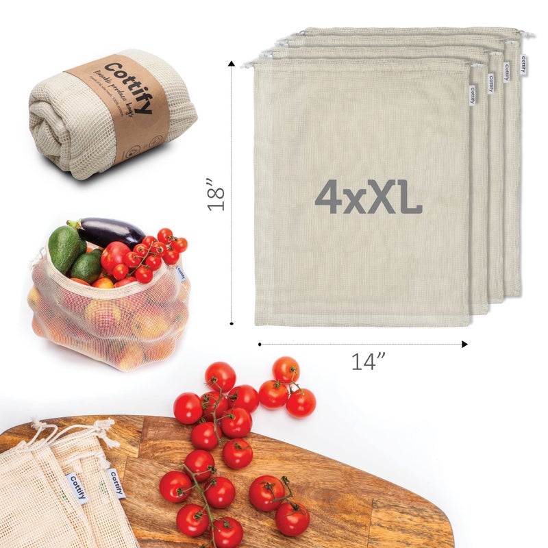 Cottify 17 Reusable Cotton Mesh Produce Bags - 100% Organic Cotton, Durable, Double Stitched, Washable with Tare Weight & Drawstring - Mesh Bags for Grocery Shopping, Vegetables & Fruits, produce bgs 4 sizes - Image 2