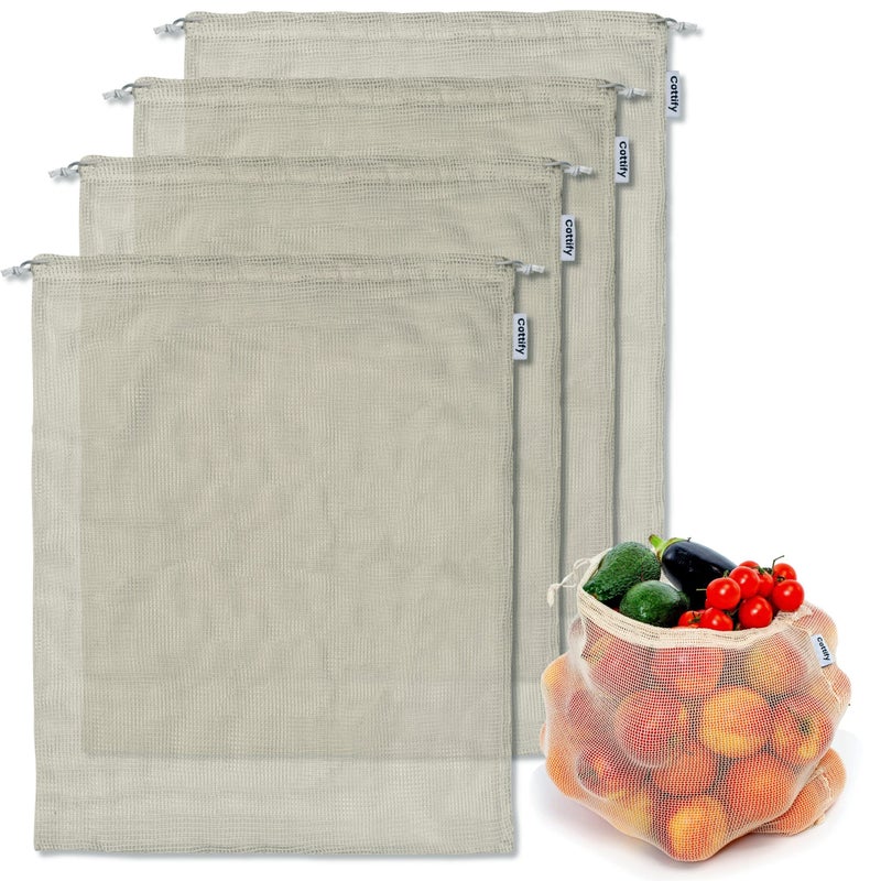 Cottify 17 Reusable Cotton Mesh Produce Bags - 100% Organic Cotton, Durable, Double Stitched, Washable with Tare Weight & Drawstring - Mesh Bags for Grocery Shopping, Vegetables & Fruits, produce bgs 4 sizes - Image 1