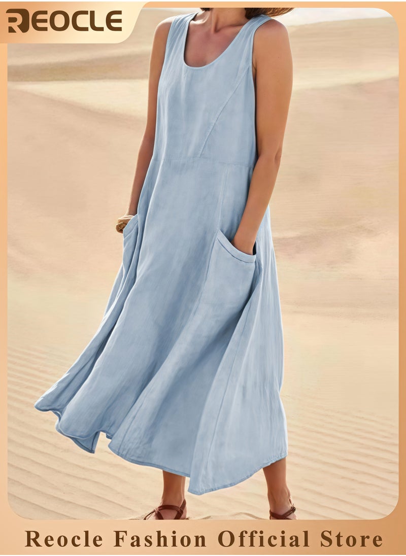 REOCLE Summer Dresses for Women Casual Print Boho Sundress Crew Neck Sleeveless Pockets Beach Vacation Maxi Dresses  - Image 1
