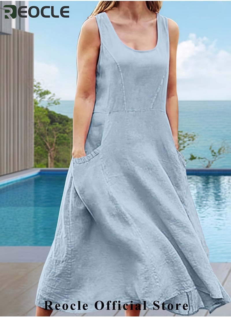 REOCLE Summer Dresses for Women Casual Print Boho Sundress Crew Neck Sleeveless Pockets Beach Vacation Maxi Dresses  - Image 2