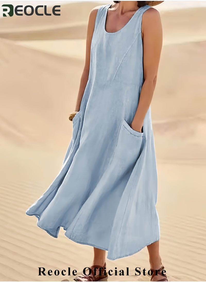 REOCLE Summer Dresses for Women Casual Print Boho Sundress Crew Neck Sleeveless Pockets Beach Vacation Maxi Dresses  - Image 4