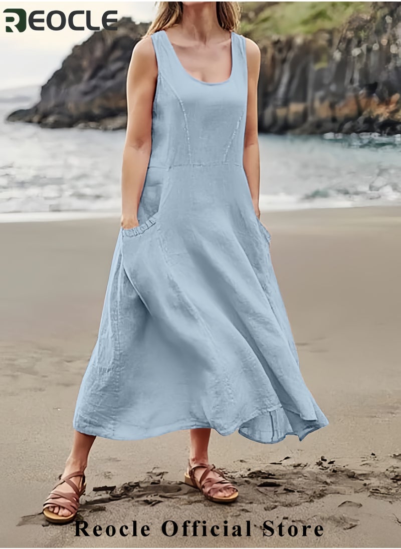 REOCLE Summer Dresses for Women Casual Print Boho Sundress Crew Neck Sleeveless Pockets Beach Vacation Maxi Dresses  - Image 3