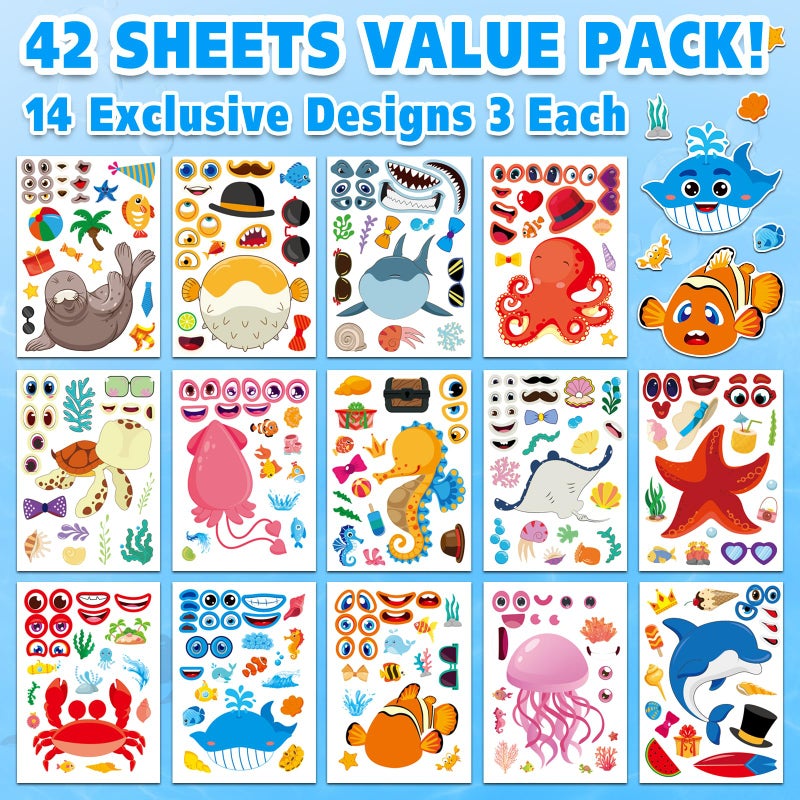 Aowplc 42 Pcs Ocean Animals Make-a-Face Sticker Sheets for Kids - 14 Sea Creature Designs for Party Favors, Classroom Activities, Arts & Crafts - Image 2