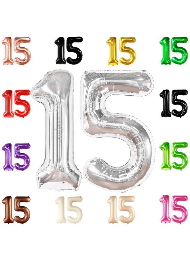 KATCHON Giant, Silver 15 Balloons Number - 40 Inch | Number 15 Balloons, Happy 15th Birthday Decorations for Girls | Silver 15 Number Balloon | 15 Birthday Decorations Boy - Image 1