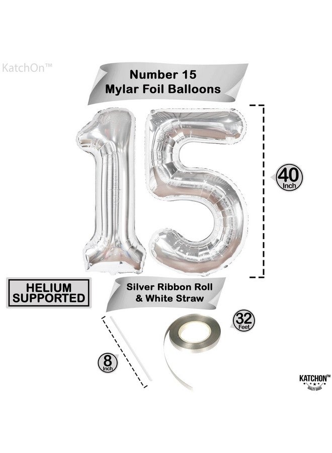 KATCHON Giant, Silver 15 Balloons Number - 40 Inch | Number 15 Balloons, Happy 15th Birthday Decorations for Girls | Silver 15 Number Balloon | 15 Birthday Decorations Boy - Image 4