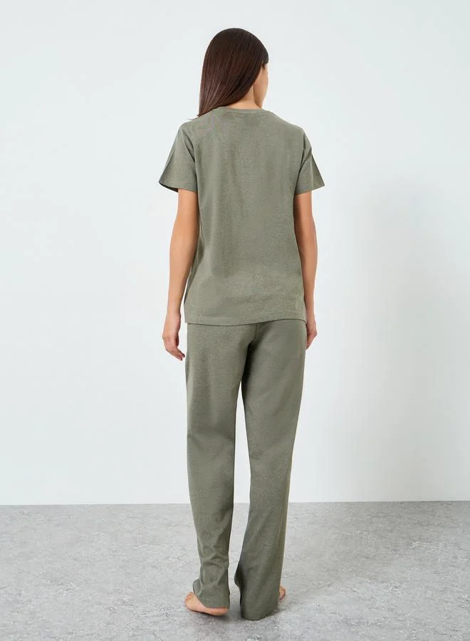 Styli Solid Cotton T-Shirt and Pyjama Set